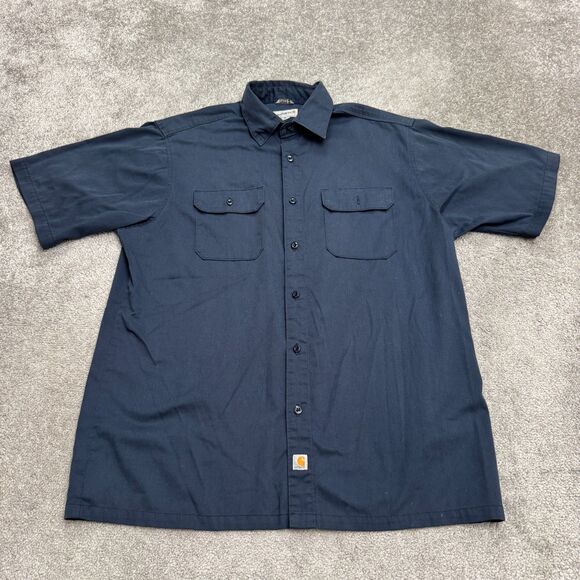 Carhartt S223 Relaxed Fit Button Down Shirt Men XL Navy Blue Short Sleeve Cotton - Picture 1 of 12